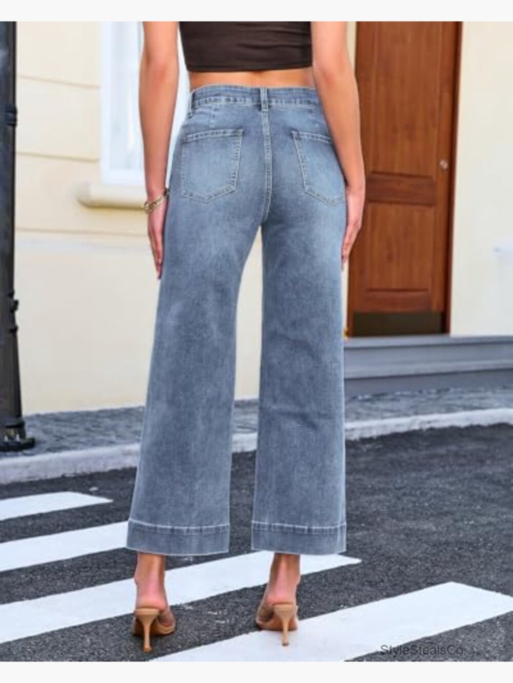 High Waist Wide Leg Cropped Jeans Stretch Denim Patch Pocket Straight Leg - Picture 3 of 7